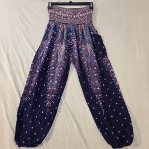Harem Pants Large Women Navy Blue Peacock Feather Smocked Waist Boho